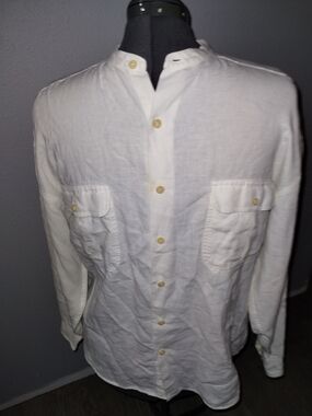 Structure 100% Linen Band Collar Button Down White Shirt